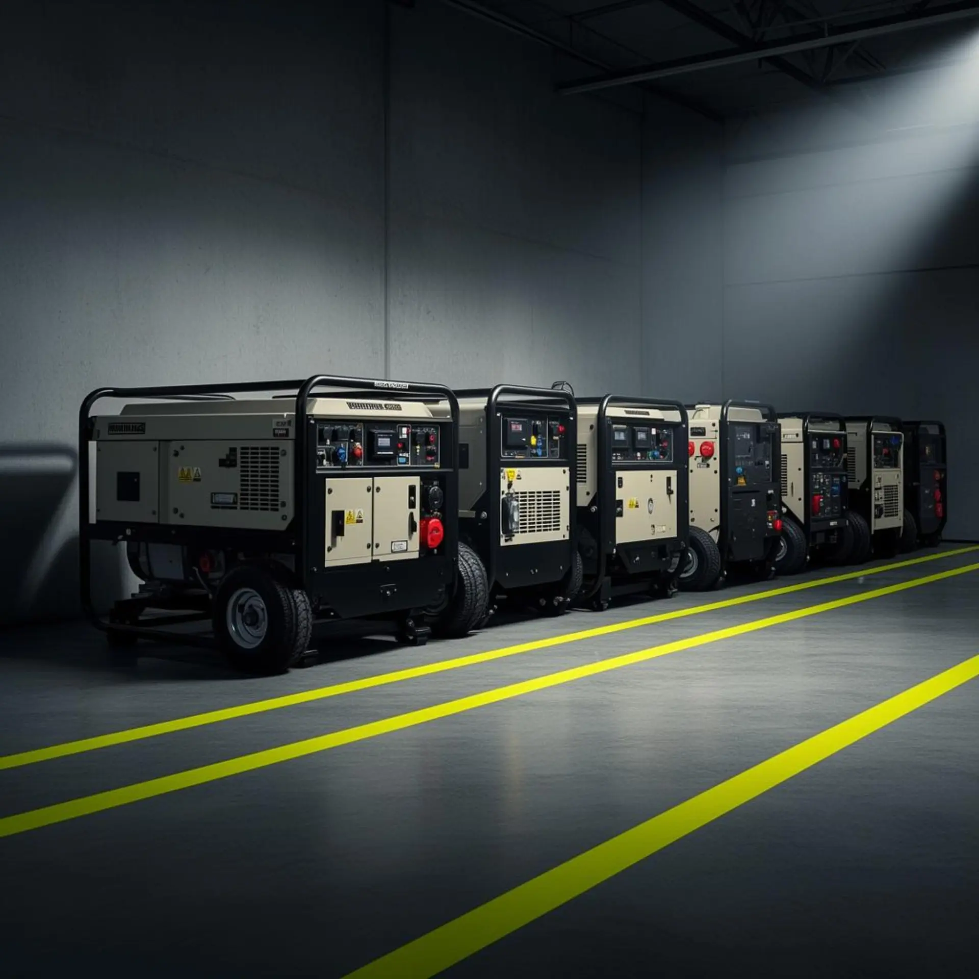 Generators lined up in a managed equipment depot