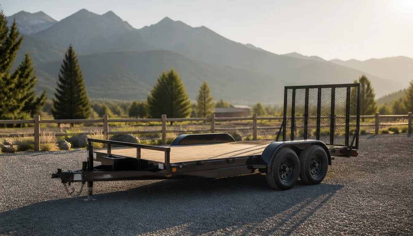 Insured utility trailer on a gravel lot near the mountains in Idaho